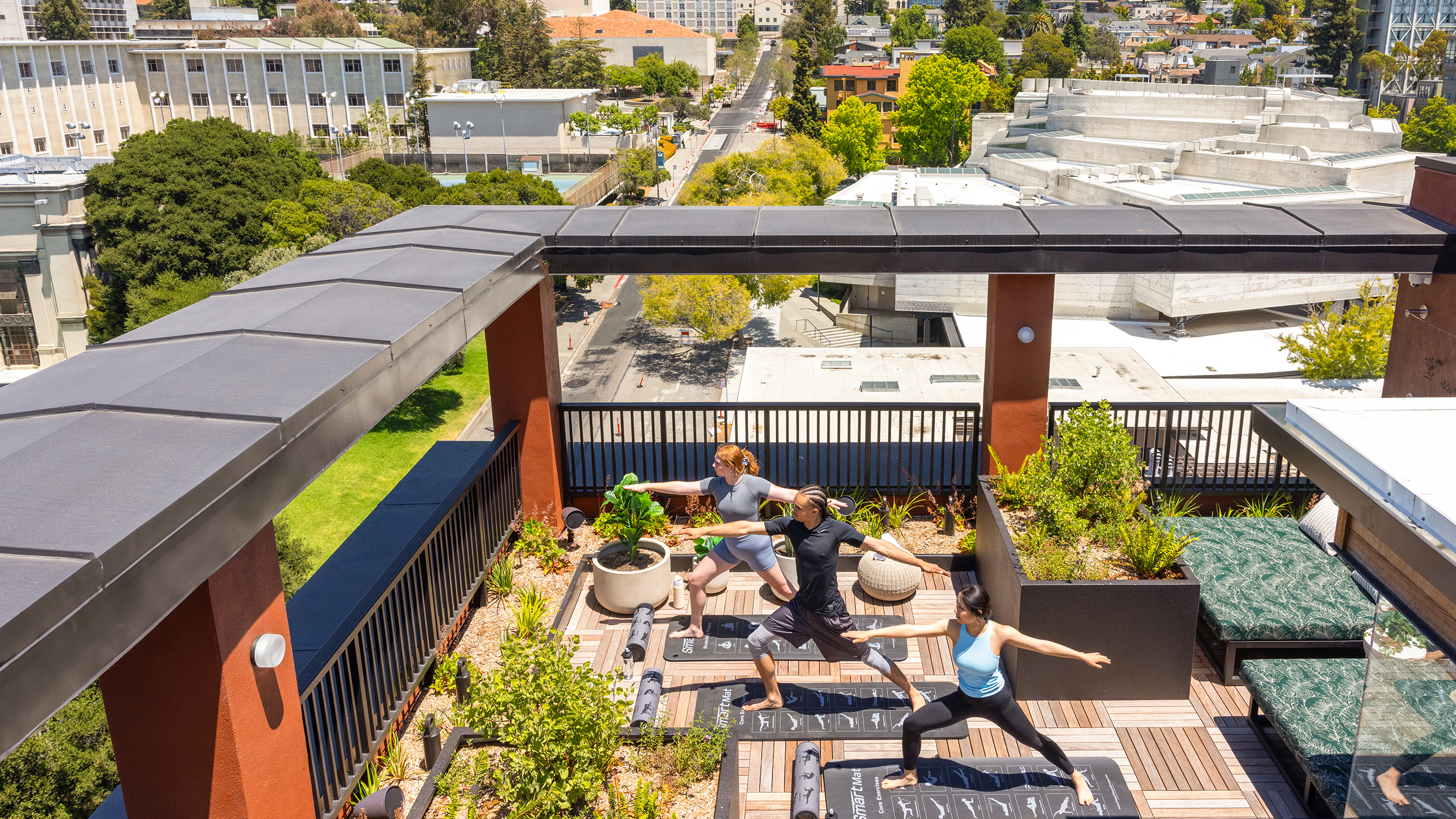 Aerial view of people practicing yoga